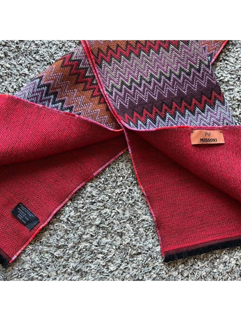 Missoni Italian Scarf Red Purple Zigzag Geometric Boho Wool Blend Chic Elegant - Picture 2 of 6